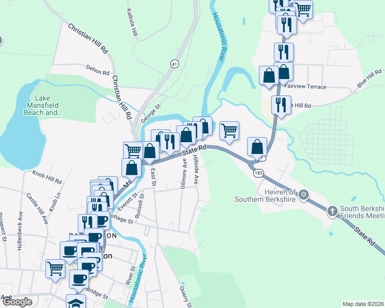 map of restaurants, bars, coffee shops, grocery stores, and more near 93 State Road in Great Barrington