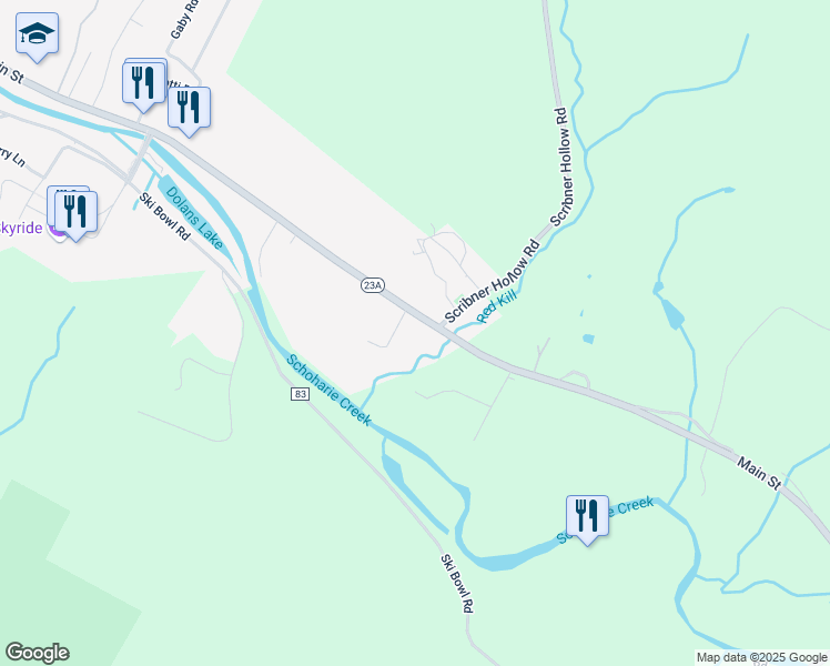 map of restaurants, bars, coffee shops, grocery stores, and more near 7433 Main Street in Hunter