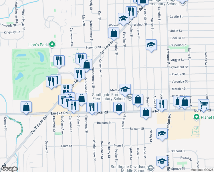 map of restaurants, bars, coffee shops, grocery stores, and more near 14591 Mulberry Street in Southgate