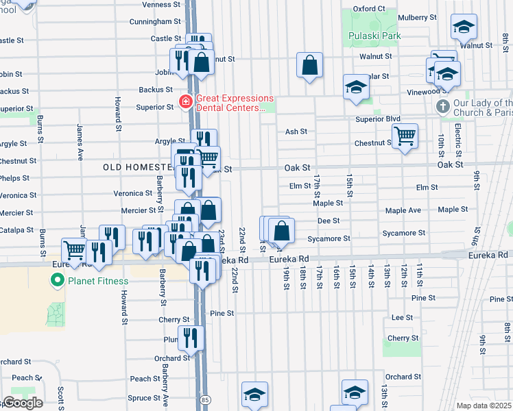 map of restaurants, bars, coffee shops, grocery stores, and more near 3018 21st Street in Wyandotte