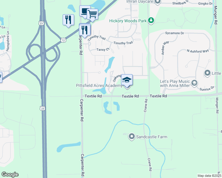 map of restaurants, bars, coffee shops, grocery stores, and more near 5821 Staghorn Drive in Ypsilanti