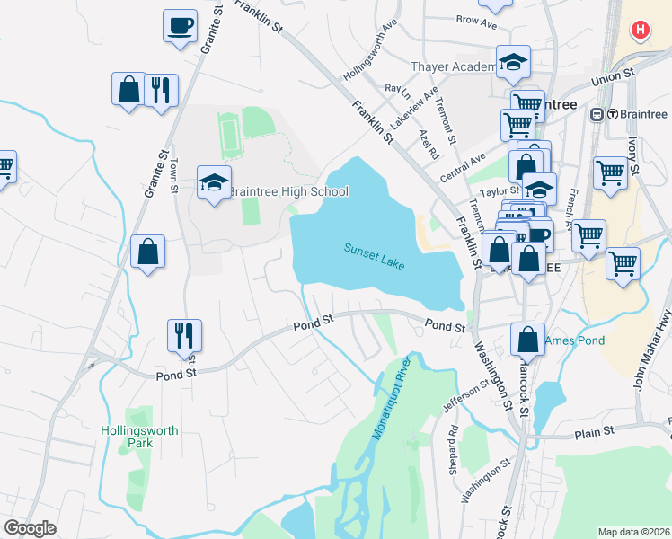 map of restaurants, bars, coffee shops, grocery stores, and more near in Braintree