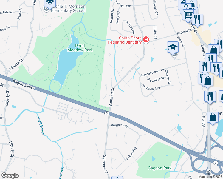 map of restaurants, bars, coffee shops, grocery stores, and more near 341 Summer Street in Weymouth