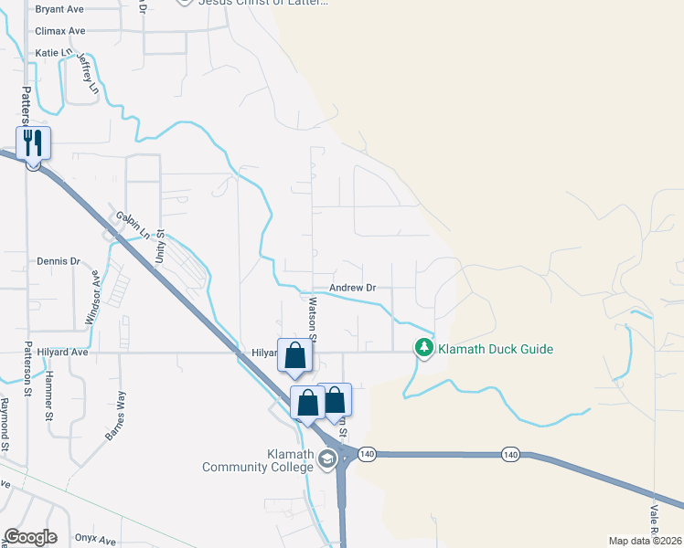 map of restaurants, bars, coffee shops, grocery stores, and more near 2712 Heritage Court in Klamath Falls