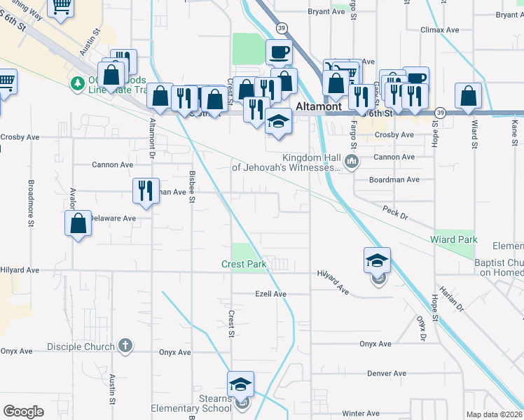 map of restaurants, bars, coffee shops, grocery stores, and more near 2734 Derby Street in Klamath Falls
