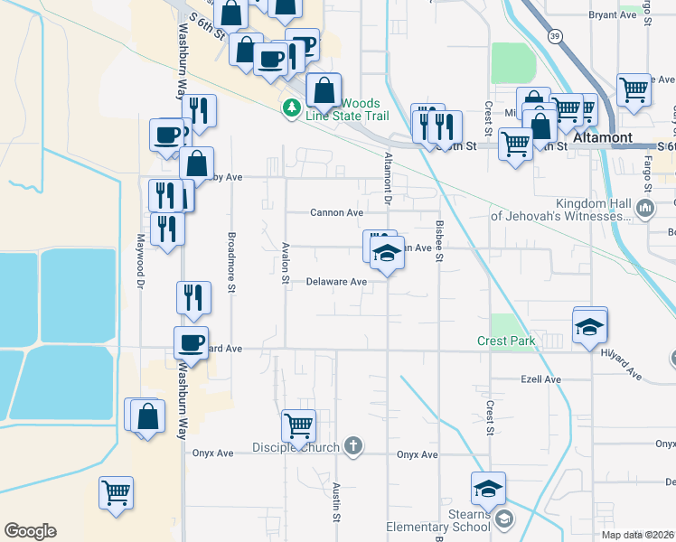 map of restaurants, bars, coffee shops, grocery stores, and more near 3128 Boardman Avenue in Klamath Falls