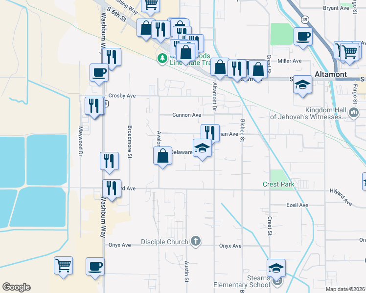 map of restaurants, bars, coffee shops, grocery stores, and more near 3128 Boardman Avenue in Klamath Falls