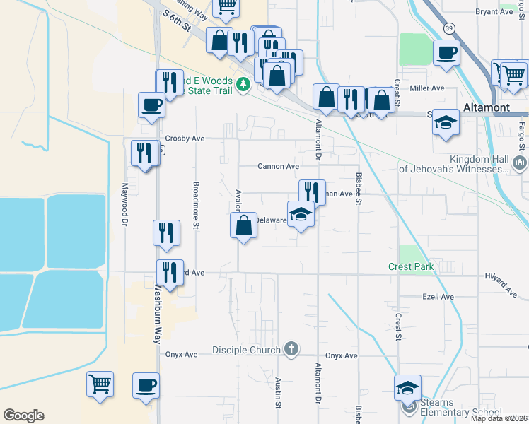 map of restaurants, bars, coffee shops, grocery stores, and more near 3128 Boardman Avenue in Klamath Falls