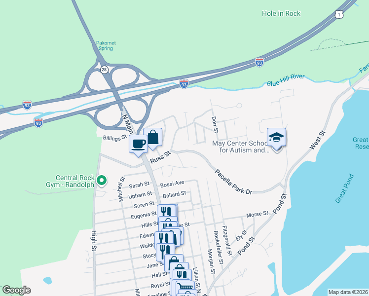 map of restaurants, bars, coffee shops, grocery stores, and more near 4 Shade Street in Randolph