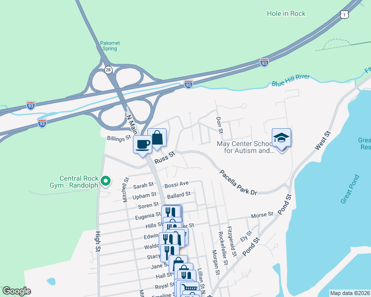 map of restaurants, bars, coffee shops, grocery stores, and more near 4 Shade Street in Randolph
