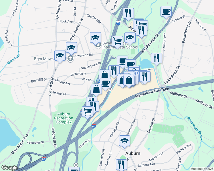 map of restaurants, bars, coffee shops, grocery stores, and more near 416 Southbridge Street in Auburn