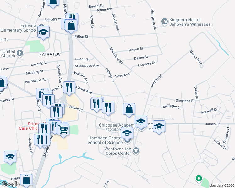 map of restaurants, bars, coffee shops, grocery stores, and more near 198-250 College Street in Chicopee
