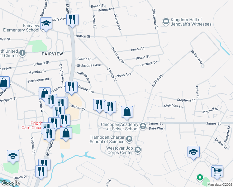 map of restaurants, bars, coffee shops, grocery stores, and more near 229 College Street in Chicopee