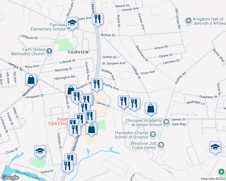 map of restaurants, bars, coffee shops, grocery stores, and more near 78 McCarthy Avenue in Chicopee