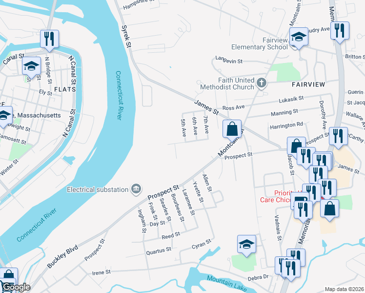 map of restaurants, bars, coffee shops, grocery stores, and more near 64 5th Avenue in Chicopee