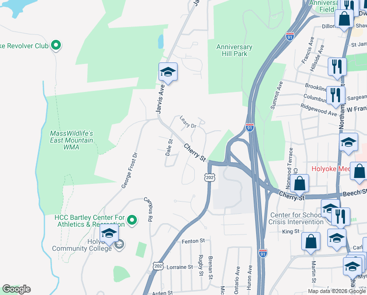 map of restaurants, bars, coffee shops, grocery stores, and more near 322 Cherry Street in Holyoke