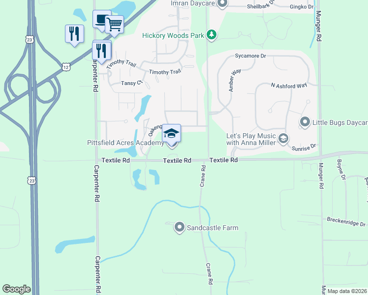 map of restaurants, bars, coffee shops, grocery stores, and more near 4418 Oakengates Drive in Ypsilanti