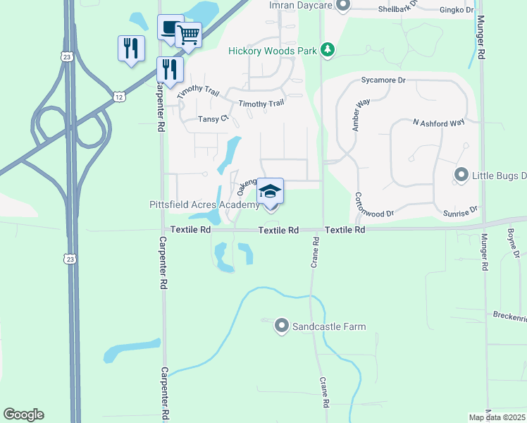 map of restaurants, bars, coffee shops, grocery stores, and more near 4377 Textile Road in Ypsilanti
