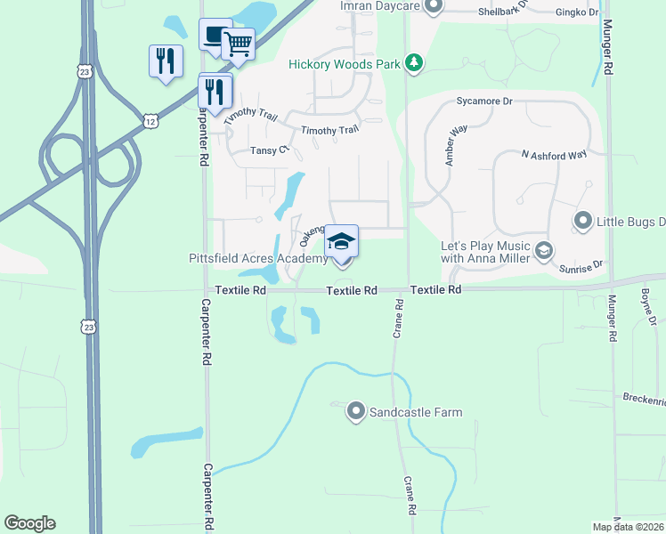 map of restaurants, bars, coffee shops, grocery stores, and more near 4377 Textile Road in Ypsilanti