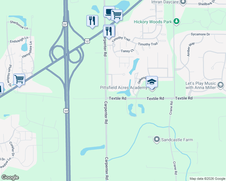 map of restaurants, bars, coffee shops, grocery stores, and more near 5906 Willow Ridge Drive in Ypsilanti