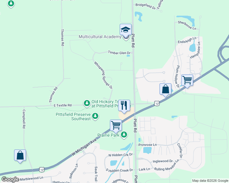 map of restaurants, bars, coffee shops, grocery stores, and more near 5980 Platt Road in Ann Arbor