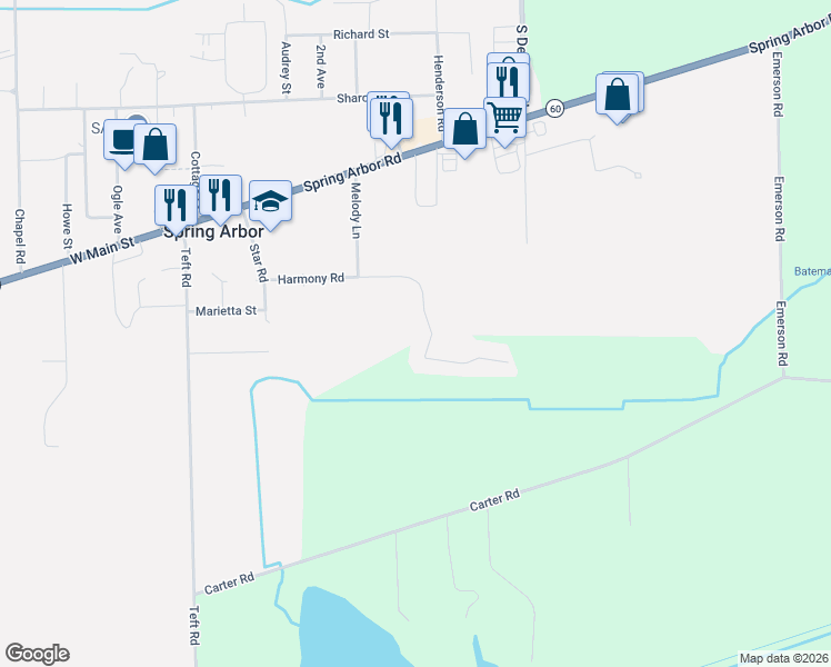 map of restaurants, bars, coffee shops, grocery stores, and more near 212 Wickenham Drive in Spring Arbor