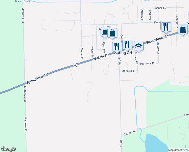 map of restaurants, bars, coffee shops, grocery stores, and more near 125 Burr Oak Drive in Spring Arbor