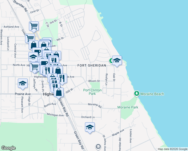 map of restaurants, bars, coffee shops, grocery stores, and more near 2754 Fort Sheridan Avenue in Highland Park