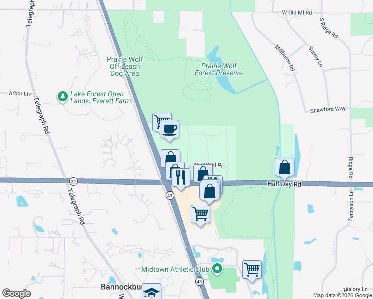 map of restaurants, bars, coffee shops, grocery stores, and more near 2734 Birchwood Lane in Deerfield