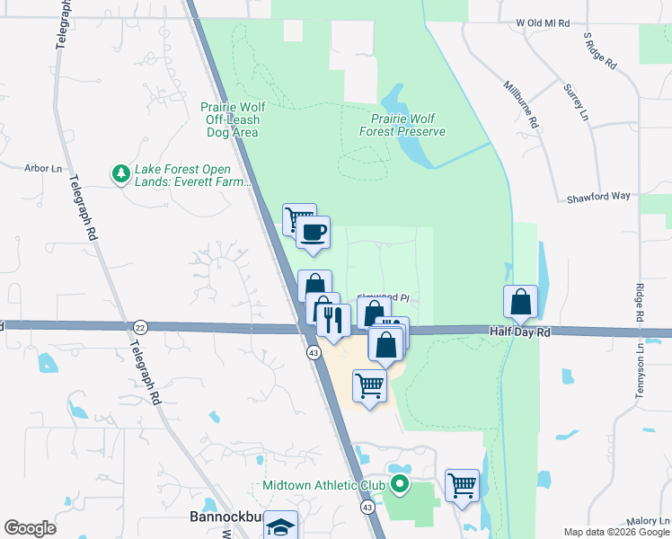 map of restaurants, bars, coffee shops, grocery stores, and more near 2734 Birchwood Lane in Deerfield