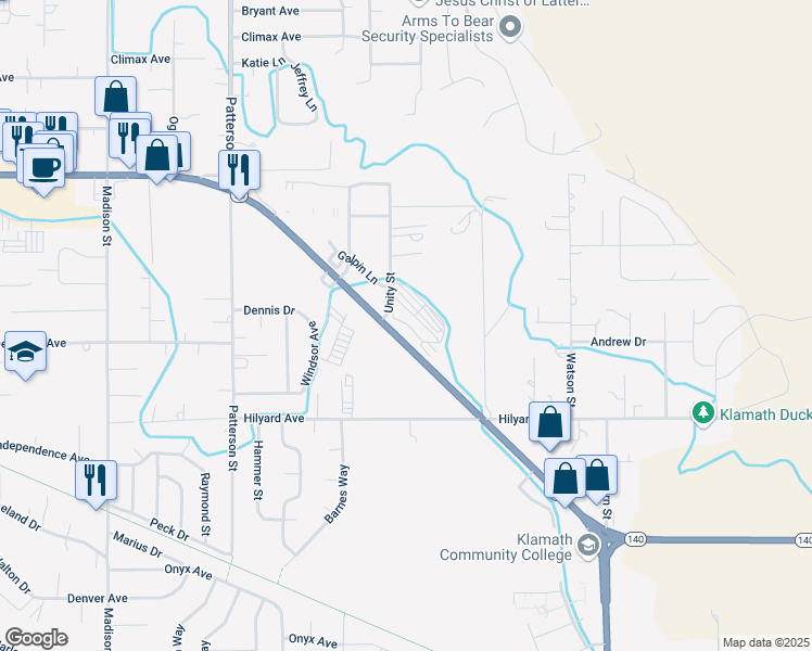 map of restaurants, bars, coffee shops, grocery stores, and more near 2625 Unity Street in Klamath Falls