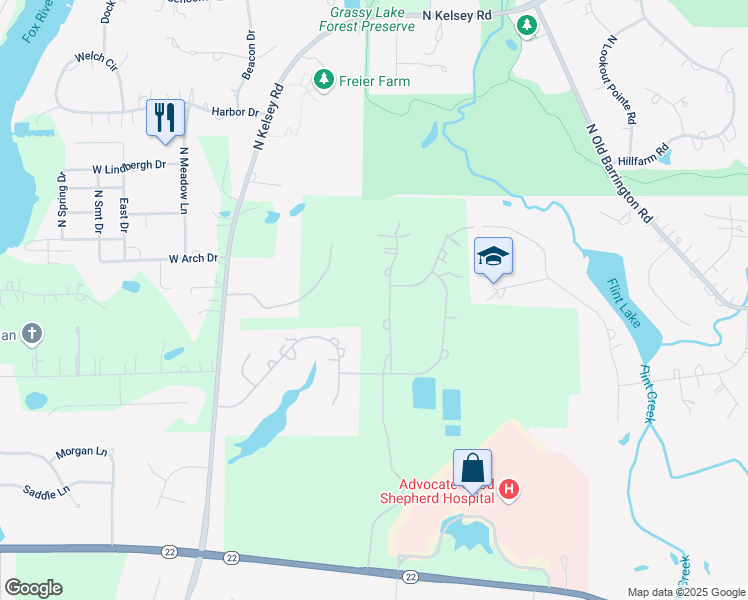 map of restaurants, bars, coffee shops, grocery stores, and more near 23276 Coyote Trail in Lake Barrington