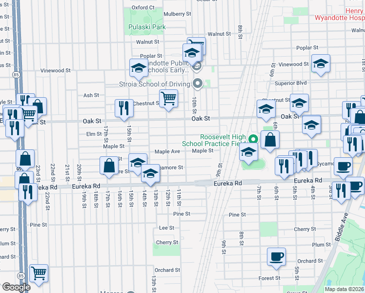 map of restaurants, bars, coffee shops, grocery stores, and more near 1107 Elm Street in Wyandotte
