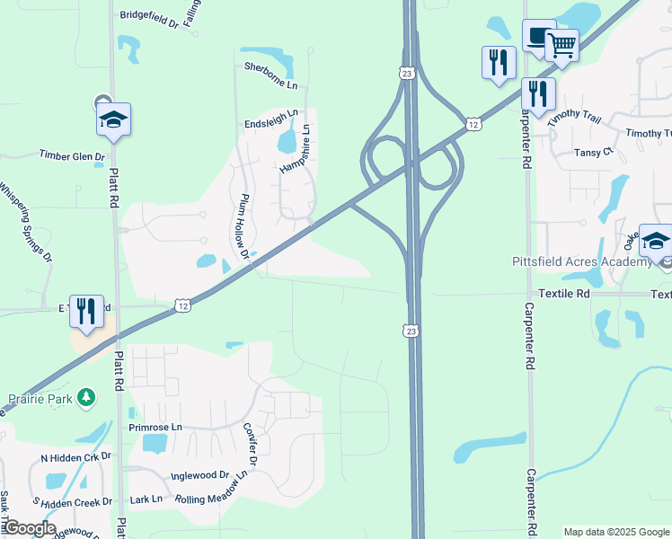 map of restaurants, bars, coffee shops, grocery stores, and more near 3651 Textile Road in Ypsilanti