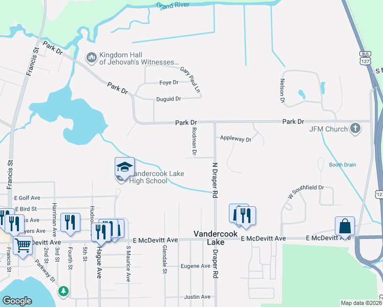 map of restaurants, bars, coffee shops, grocery stores, and more near 4019 Rodman Drive in Jackson