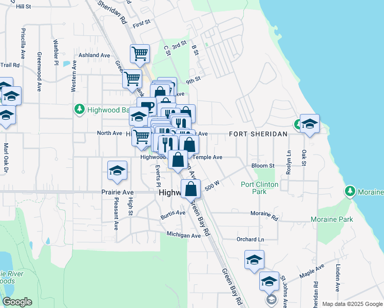 map of restaurants, bars, coffee shops, grocery stores, and more near 315 Waukegan Avenue in Highwood