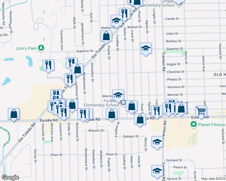 map of restaurants, bars, coffee shops, grocery stores, and more near 14607 Poplar Street in Southgate