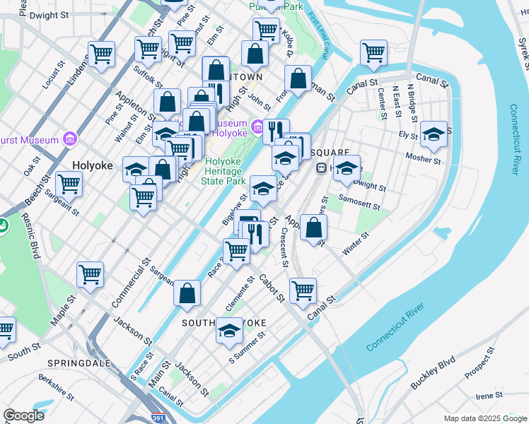 map of restaurants, bars, coffee shops, grocery stores, and more near 200 Race Street in Holyoke