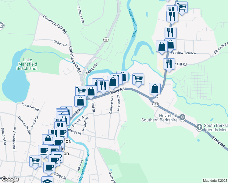 map of restaurants, bars, coffee shops, grocery stores, and more near 98 Mechanic St in Great Barrington