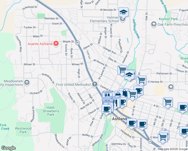 map of restaurants, bars, coffee shops, grocery stores, and more near 245 Van Ness Avenue in Ashland