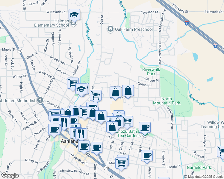 map of restaurants, bars, coffee shops, grocery stores, and more near 230 Patterson Street in Ashland