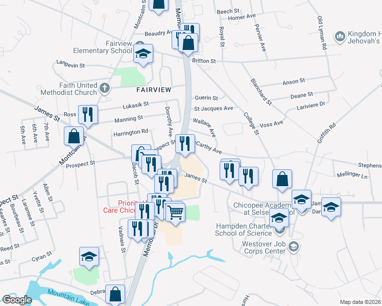 map of restaurants, bars, coffee shops, grocery stores, and more near 1651 Memorial Drive in Chicopee