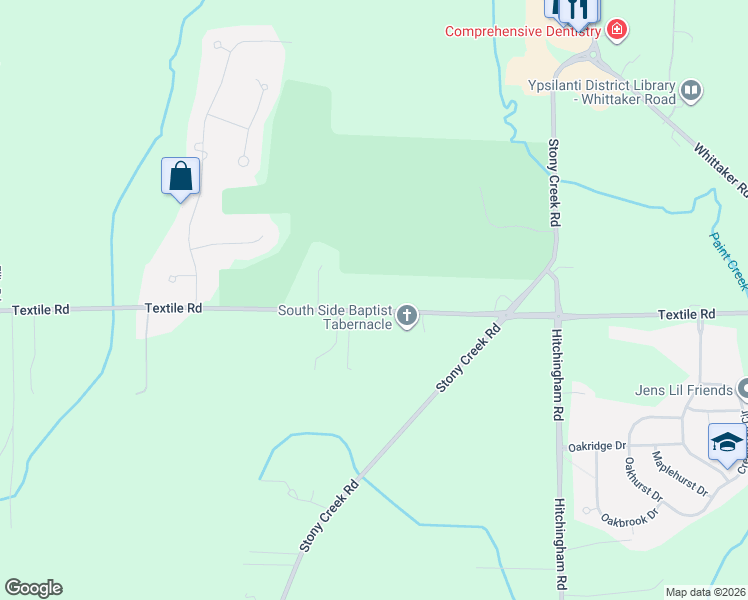 map of restaurants, bars, coffee shops, grocery stores, and more near 6571 Textile Road in Ypsilanti