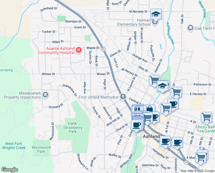 map of restaurants, bars, coffee shops, grocery stores, and more near 335 High Street in Ashland