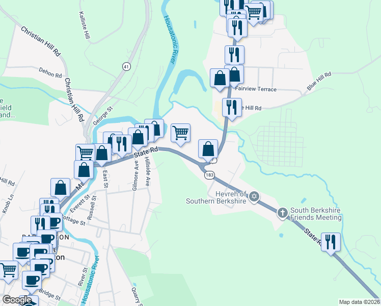 map of restaurants, bars, coffee shops, grocery stores, and more near 155 State Road in Great Barrington