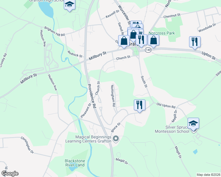 map of restaurants, bars, coffee shops, grocery stores, and more near 56 Nottingham Road in Grafton
