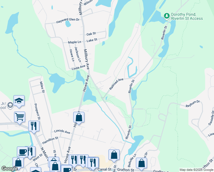 map of restaurants, bars, coffee shops, grocery stores, and more near 54A Millbury Avenue in Millbury