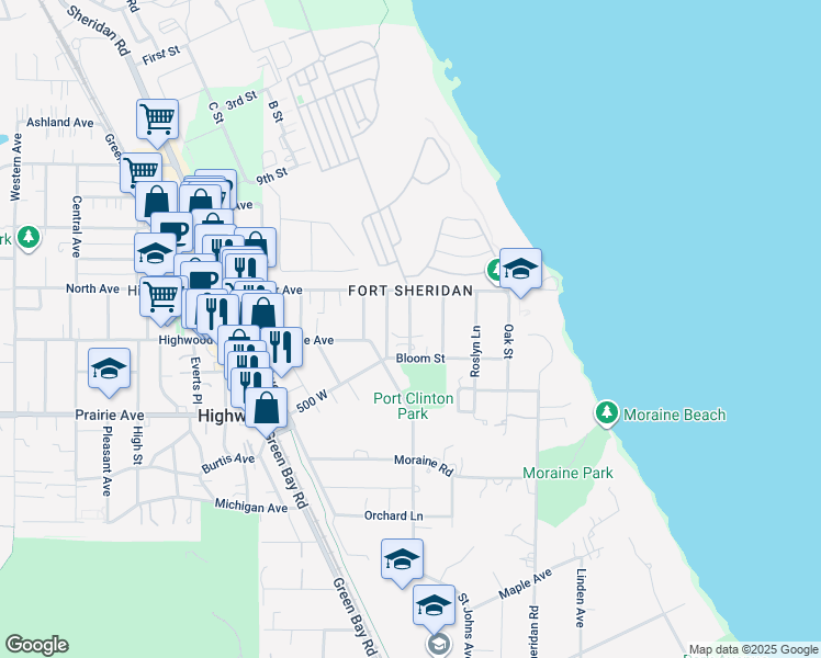 map of restaurants, bars, coffee shops, grocery stores, and more near Fort Sheridan Avenue in Fort Sheridan