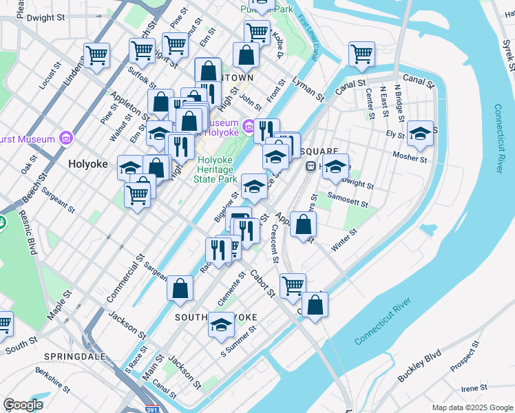 map of restaurants, bars, coffee shops, grocery stores, and more near 200 Race Street in Holyoke