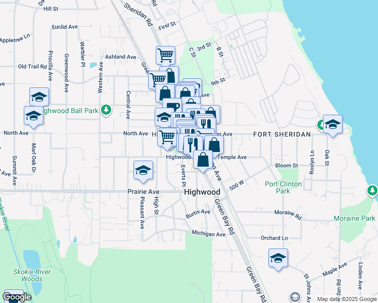 map of restaurants, bars, coffee shops, grocery stores, and more near 310 Green Bay Road in Highwood